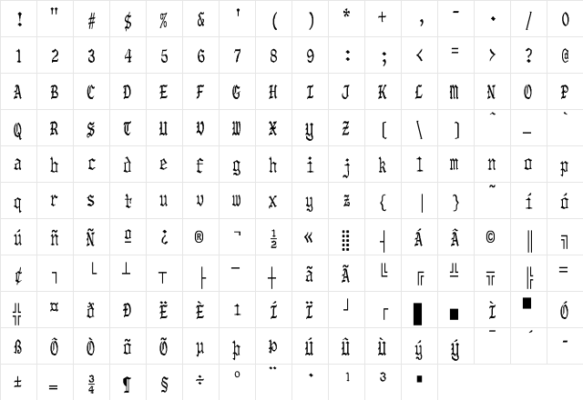 OldeWorld-Bold Cn Regular  glyph index