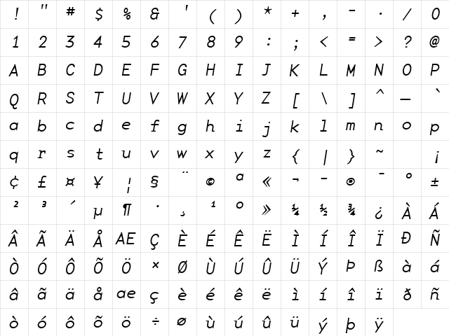 BaseMonoWideThinItalic Italic  glyph index