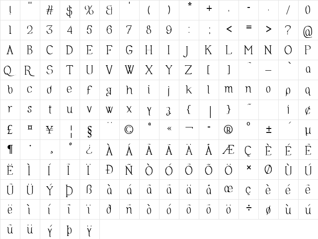 Olimpia Regular  glyph index