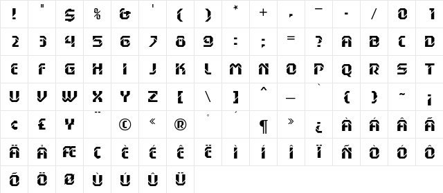 Hansson Stencil MN Bold  glyph index