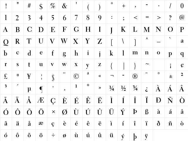 Electra LT Std Bold Display  glyph index