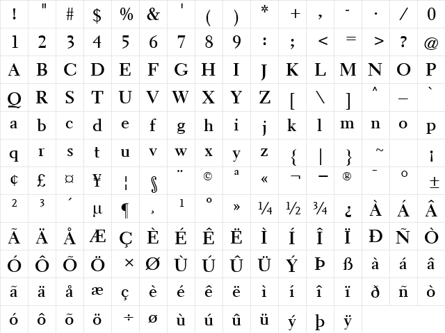 Elante Bold  glyph index