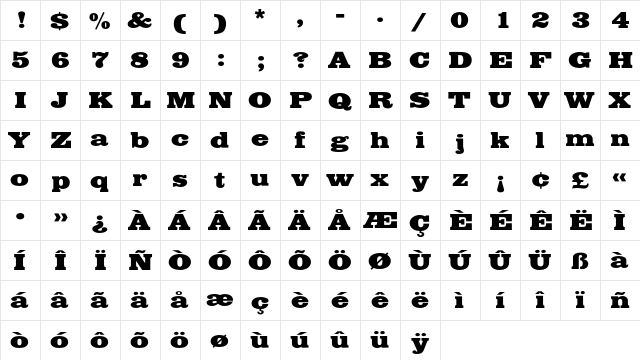 EgyptianEF BoldExtended  glyph index