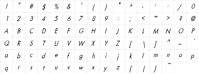Sulley Condensed Oblique Regular  glyph index