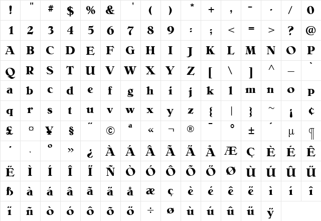 BelliniBold Regular  glyph index