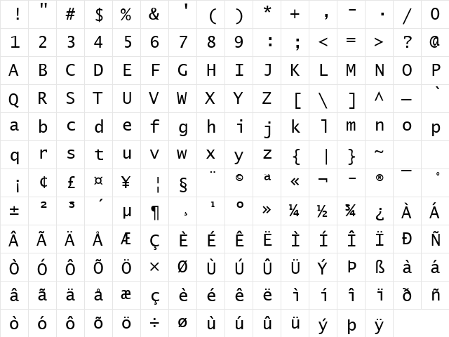 Excalibur Monospace Regular  glyph index