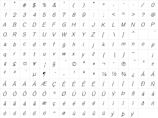 Sage Light Oblique  glyph index