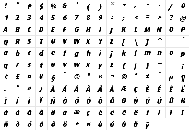 Dax-ExtraBoldItalic Regular  glyph index