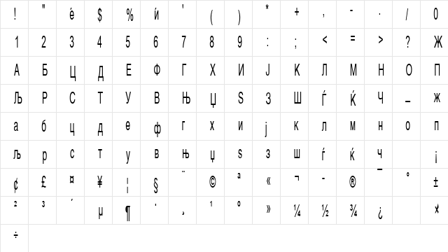 Macedonian Cond 50 Regular  glyph index