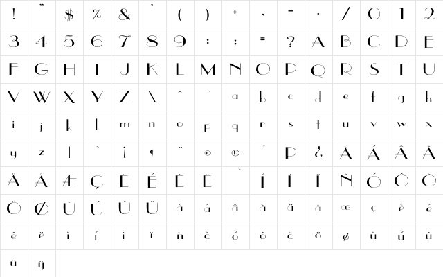 EastSide Wd Regular  glyph index