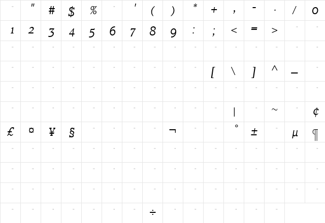 ClaremontLtItalOSTab Roman  glyph index
