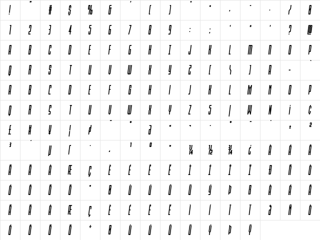 Blue Cobra Bold Semi-Italic Regular  glyph index