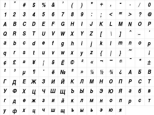 Cyrvetica-Narrow Bold Oblique  glyph index