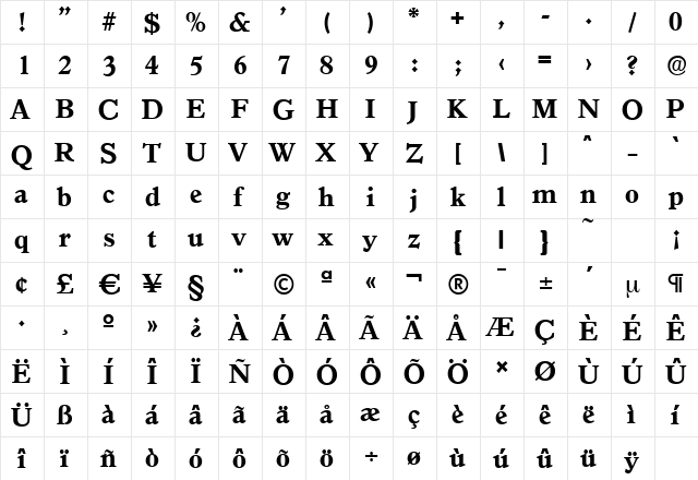 GranadaSerial-Xbold Regular  glyph index