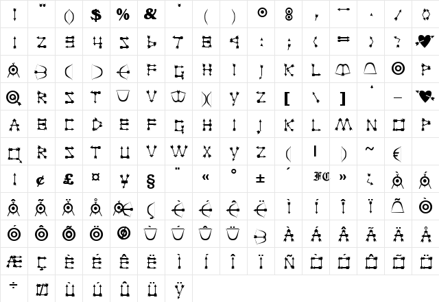 Mestize Regular  glyph index