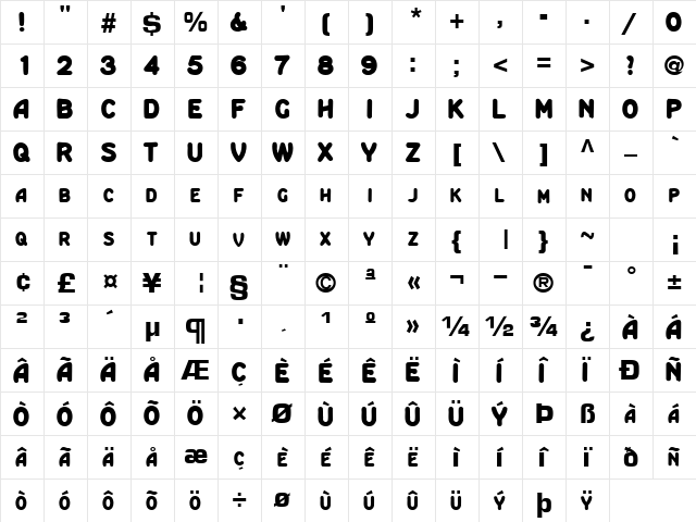 Swing Regular  glyph index