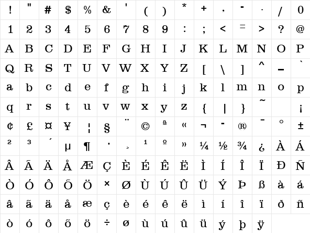 ClarendonLH Regular  glyph index