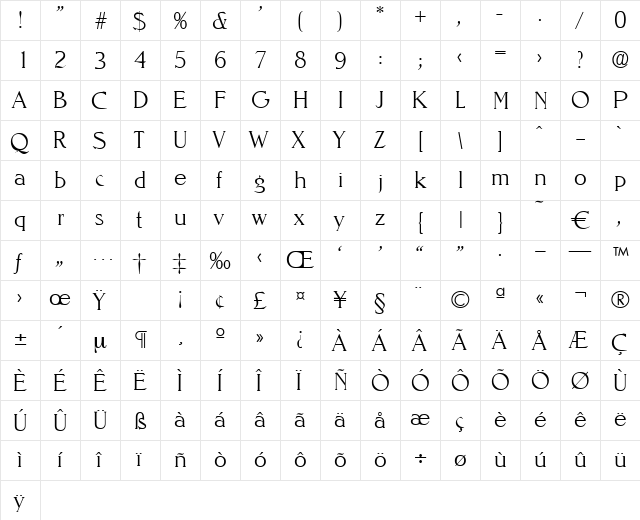 Nevada-Xlight Regular  glyph index
