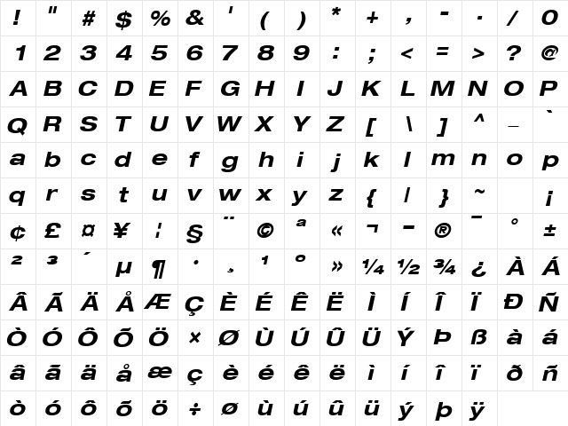 ContextRepriseExpandedSSK Bold Italic  glyph index