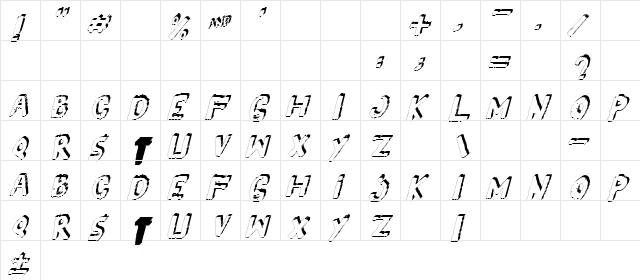 YES_3Ditalic Regular  glyph index