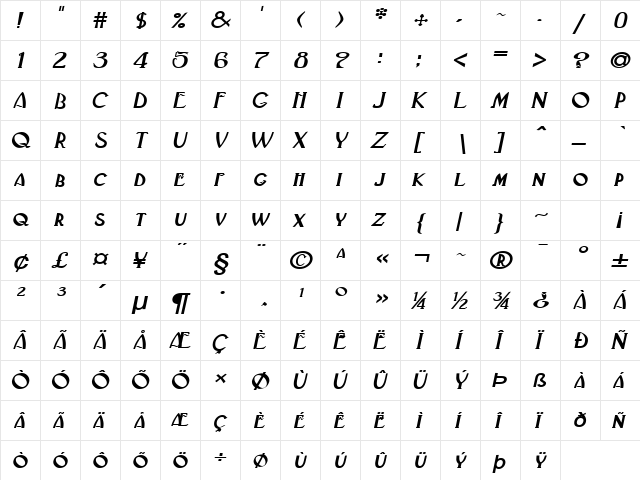 Deco-Extended Bold Italic  glyph index