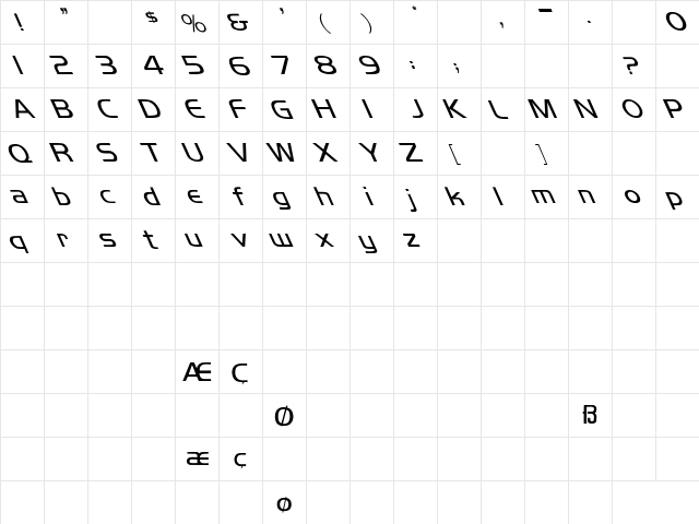 Koshgarian-Light Leftie Regular  glyph index