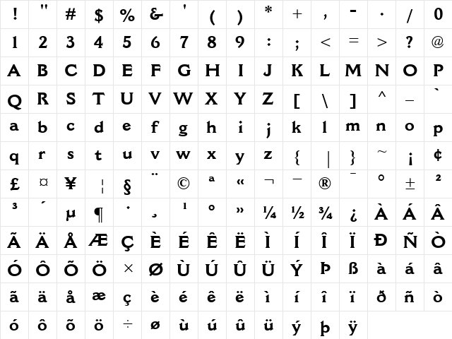 CantoriaMT Bold  glyph index