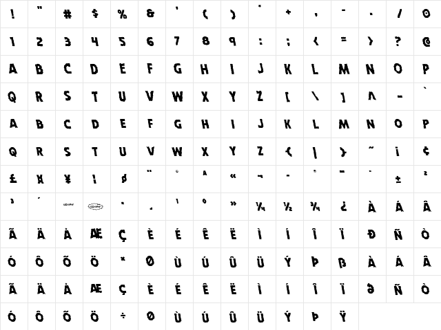 Horroween Leftalic Italic  glyph index