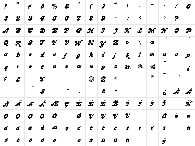 Bronstein Bold Regular  glyph index