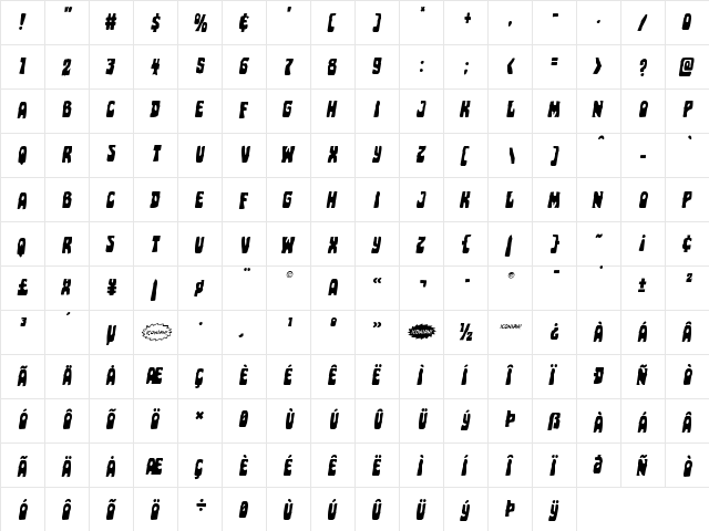 Pocket Monster Staggered Italic Italic  glyph index