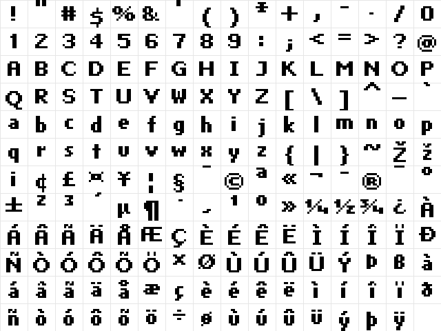 FFF Neostandard Bold Regular  glyph index