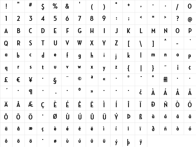 NeutrafaceCondensedPS Bold  glyph index