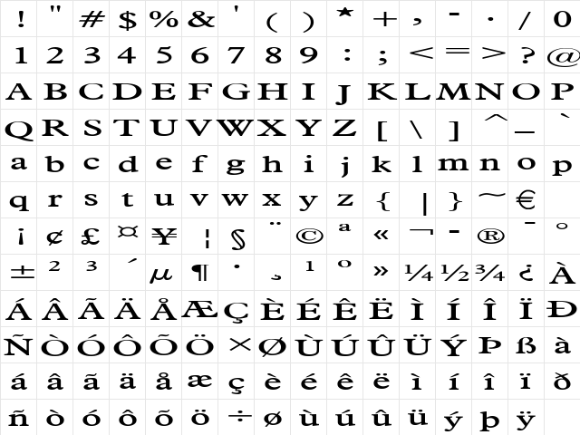 NadineWide Normal  glyph index
