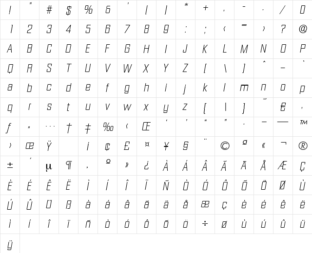 Diamante-XlightIta Regular  glyph index