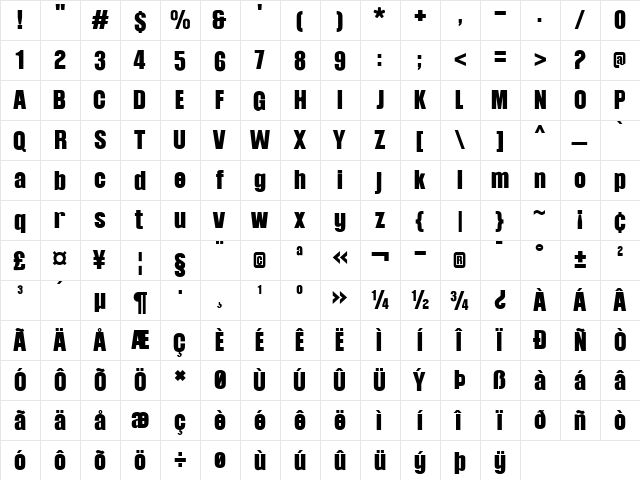 Balibold Regular  glyph index