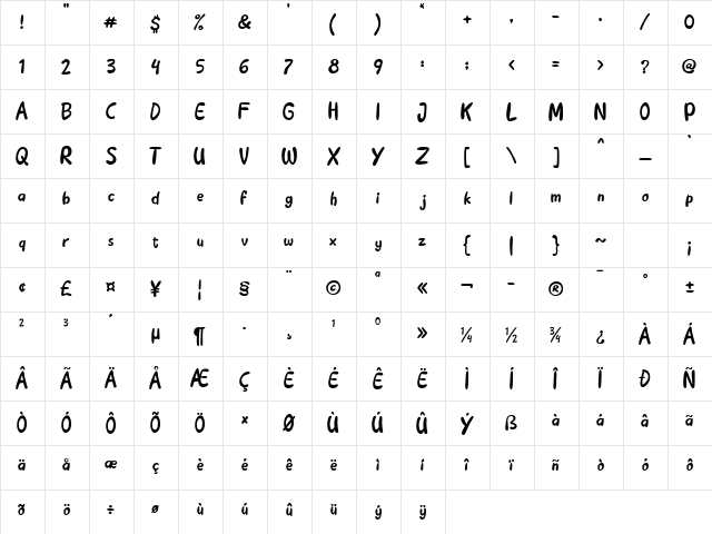 Happy Boy Regular  glyph index