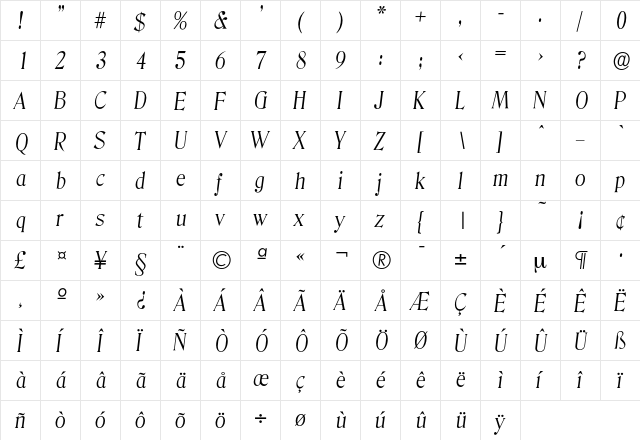 Denver-LightIta Regular  glyph index