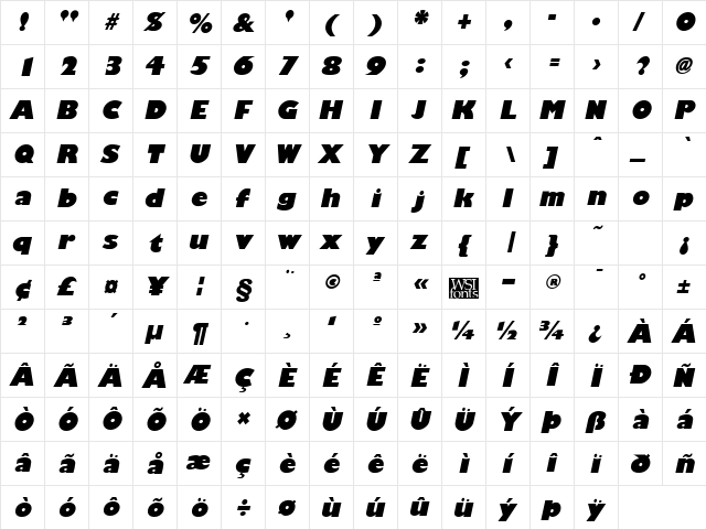 GiliganBlack Italic  glyph index