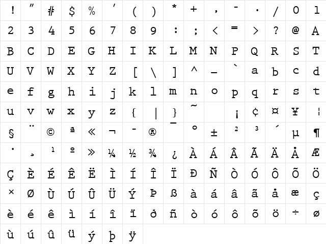 PrestigeEliM Bold  glyph index