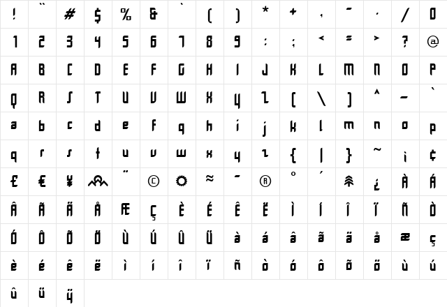 Dimentia Thin  glyph index