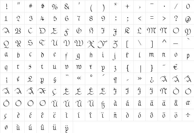 Drachenfels Regular  glyph index