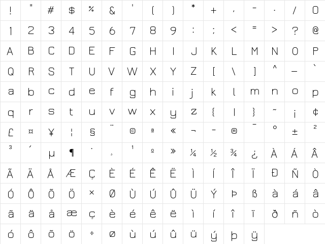 Jura Light  glyph index