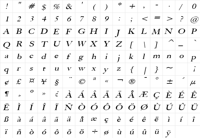 Bliss Wide Italic  glyph index