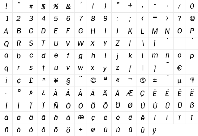 Plymouth-RegularIta Regular  glyph index