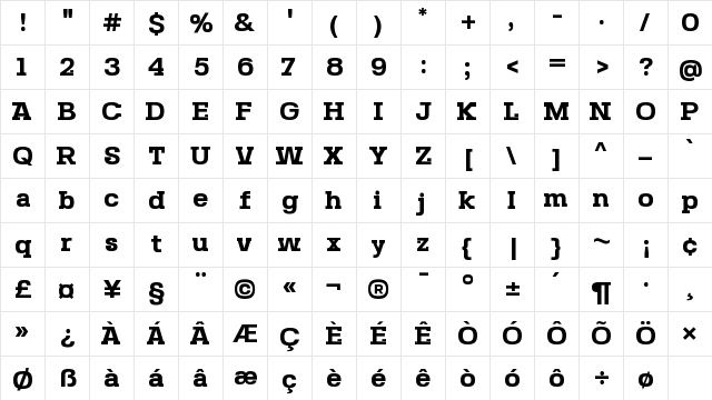Seb Slab Bold  glyph index