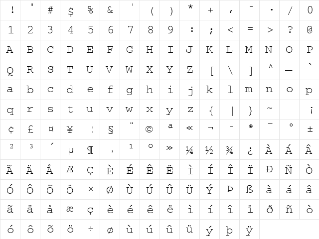 Courier S Regular  glyph index