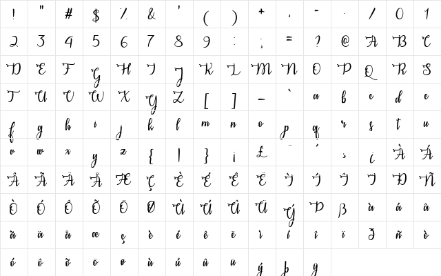 Congrats Calligraphy Regular  glyph index