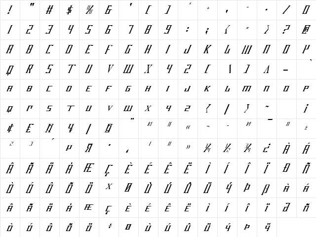 DarkWind Condensed Italic Condensed Italic  glyph index