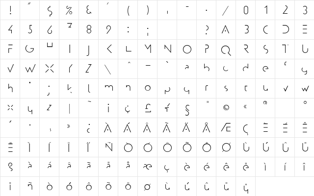 Artgallery Regular  glyph index