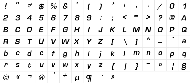 EuropeDemi Italic  glyph index